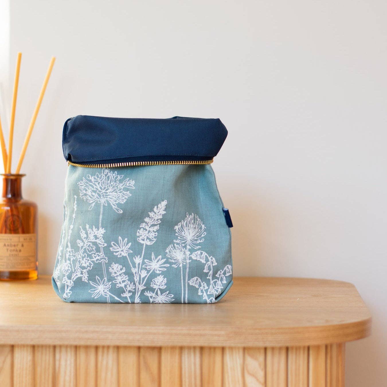 Large linen garden flowers washbag