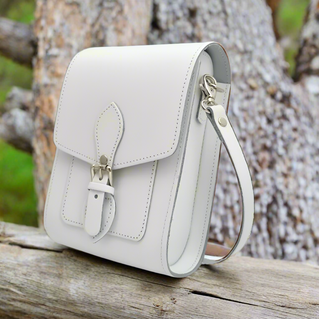 Handmade white leather festival bag