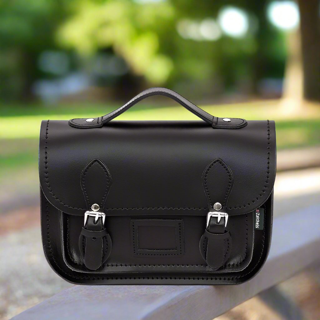 Black handmade leather midi satchel