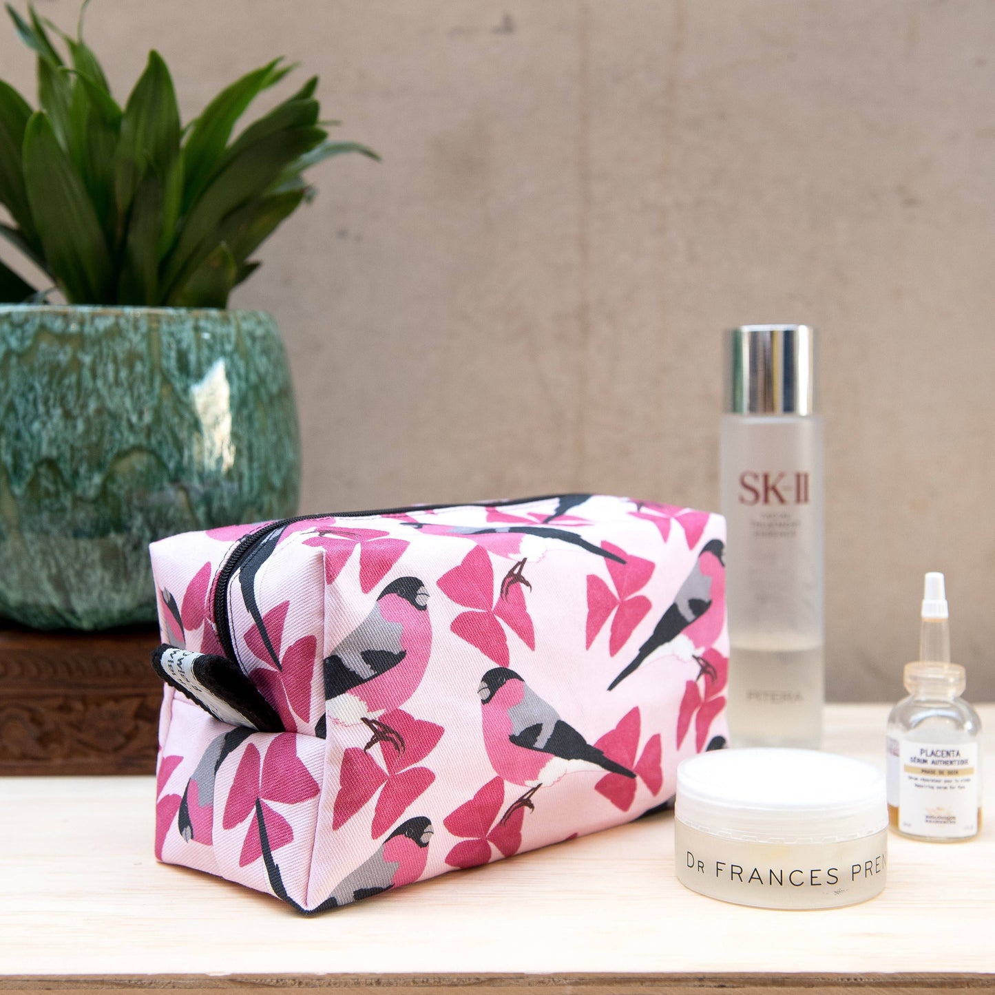 Pink bullfinch print washbag