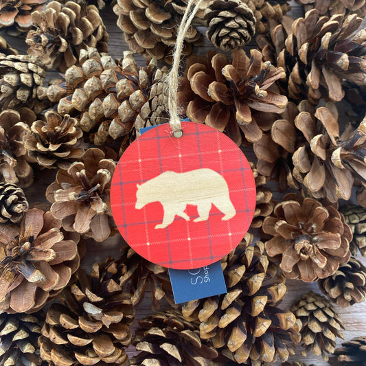 Red check bear wooden decoration