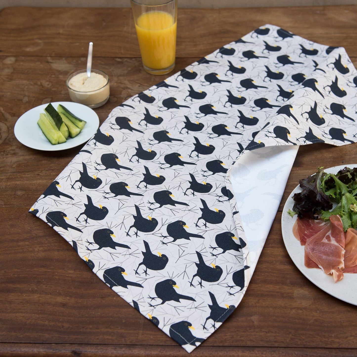 Blackbird print tea towel