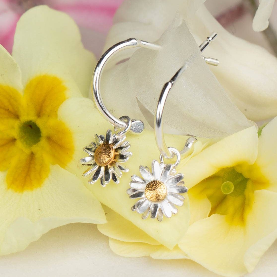 Sterling silver & gold vermeil daisy hoop earrings