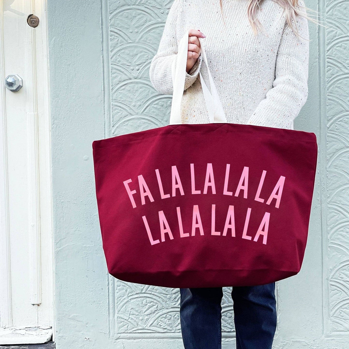 FALALALALA LALALALA burgundy REALLY big Christmas bag