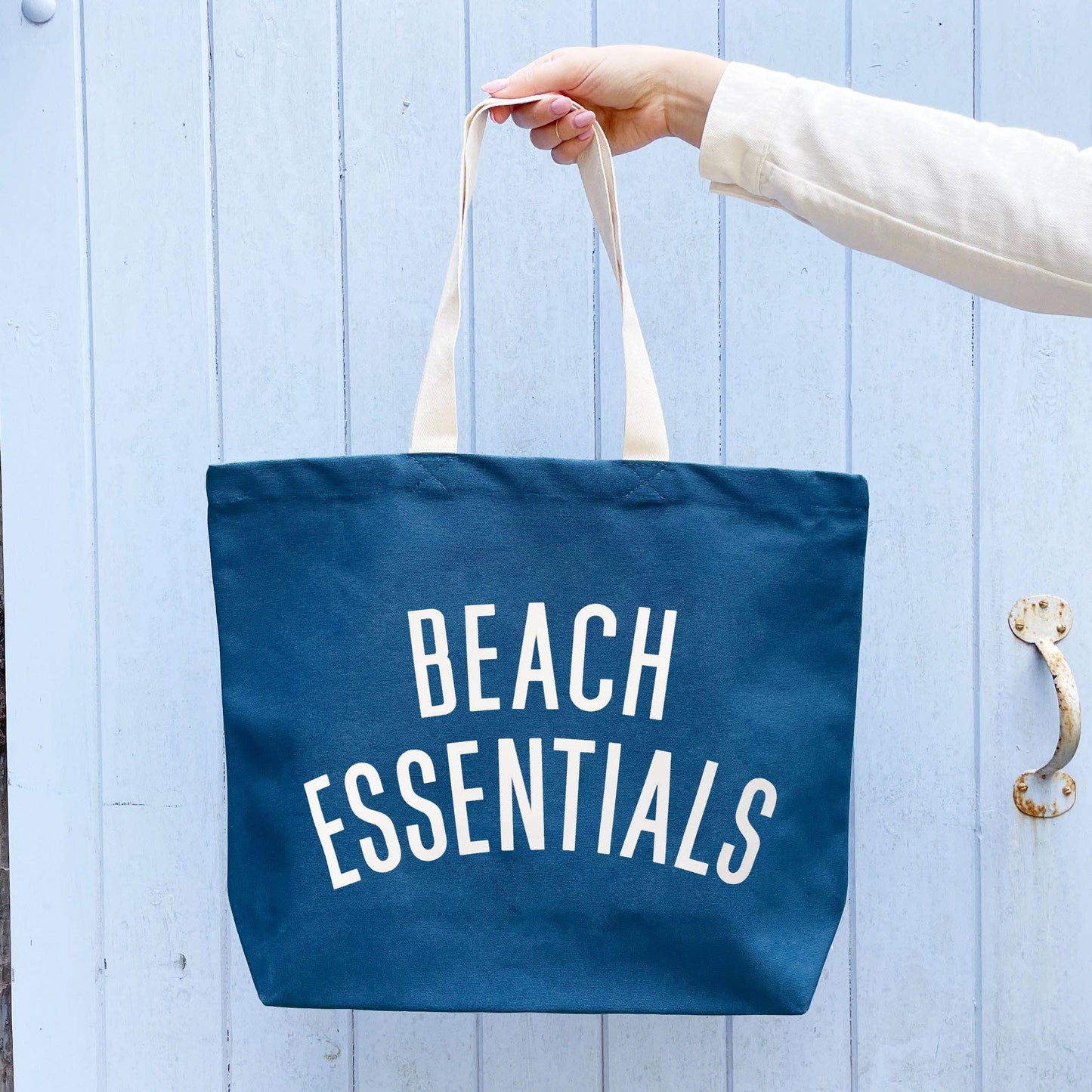 Ocean blue beach essentials canvas tote bag