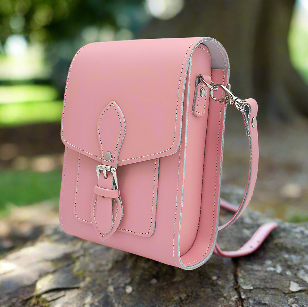 Handmade pink leather festival bag