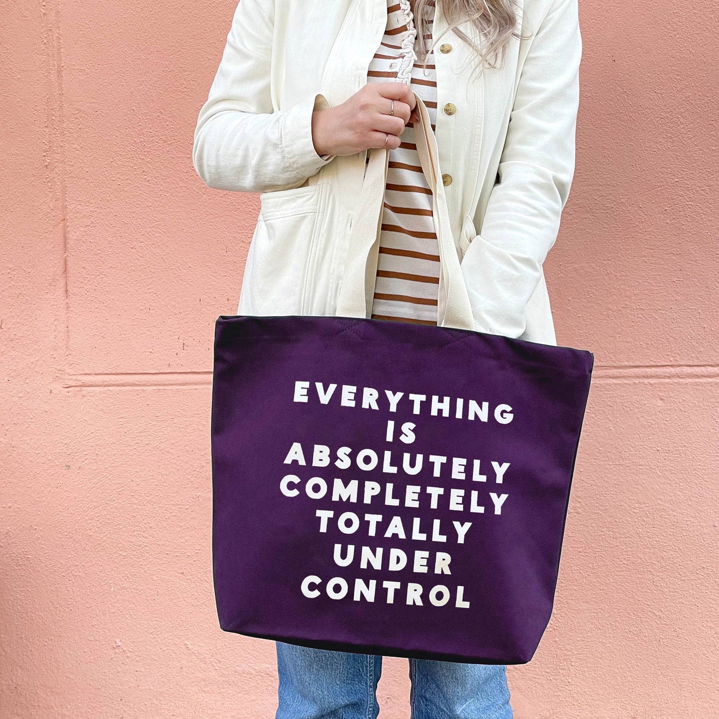 Everything is under control - purple canvas tote bag