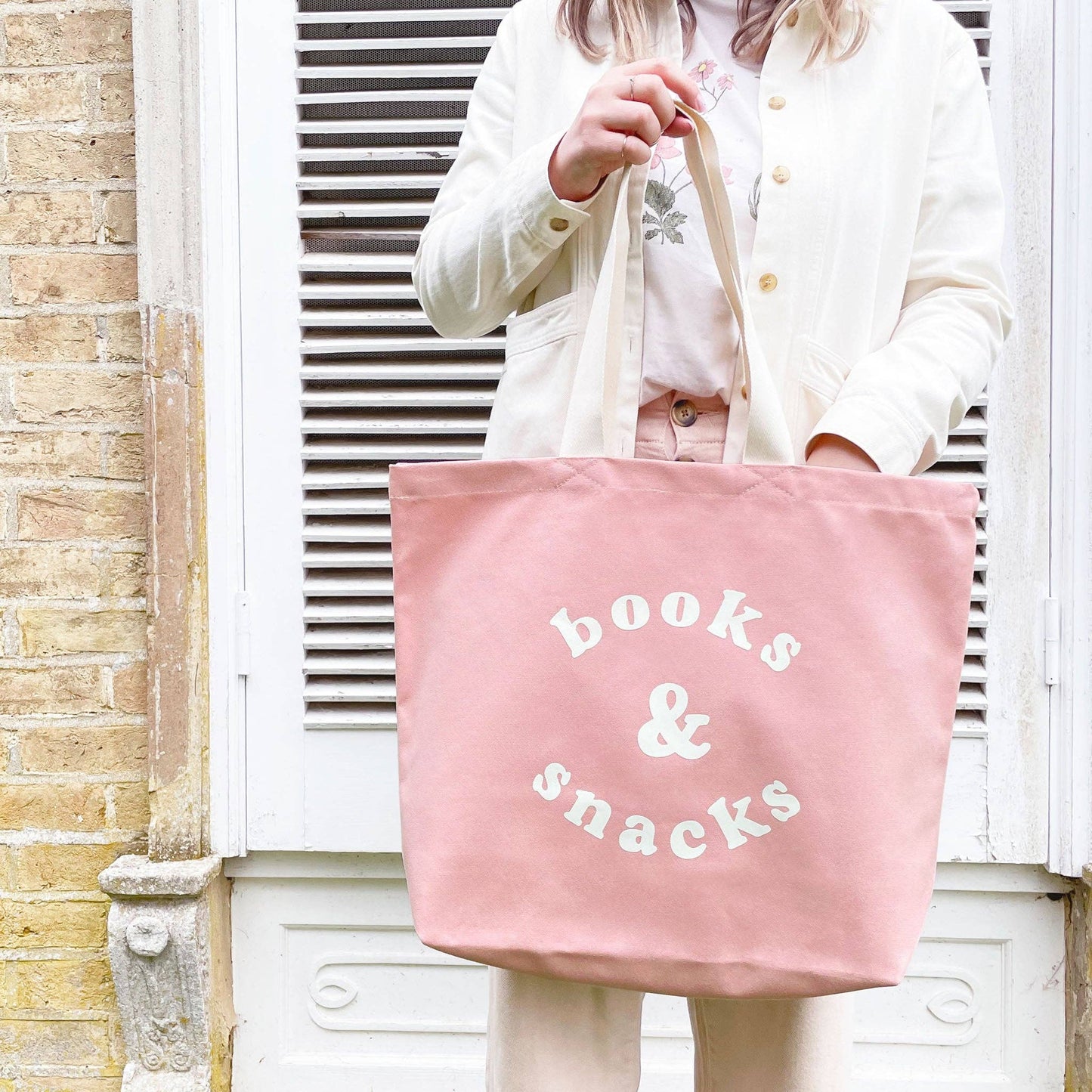 Blush pink books & snacks tote bag