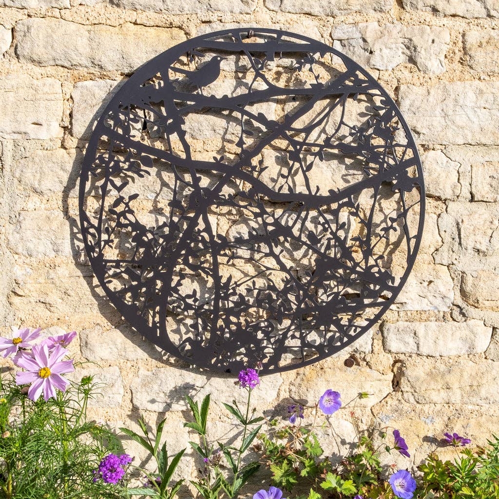 Steel hedgerow with blackbird & wren garden wall art