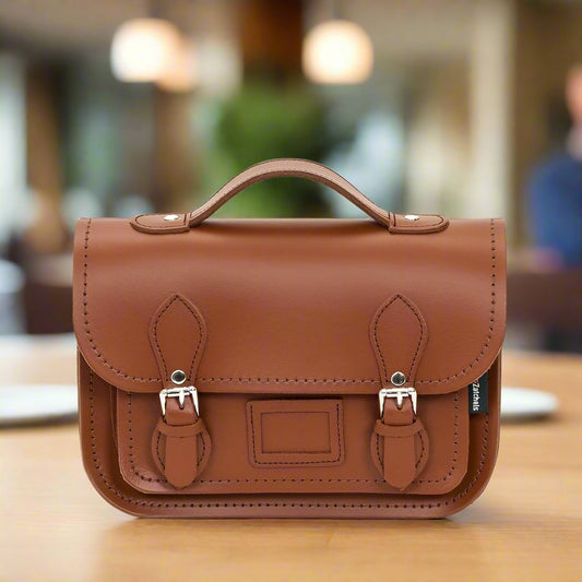 Handmade chestnut brown leather midi satchel