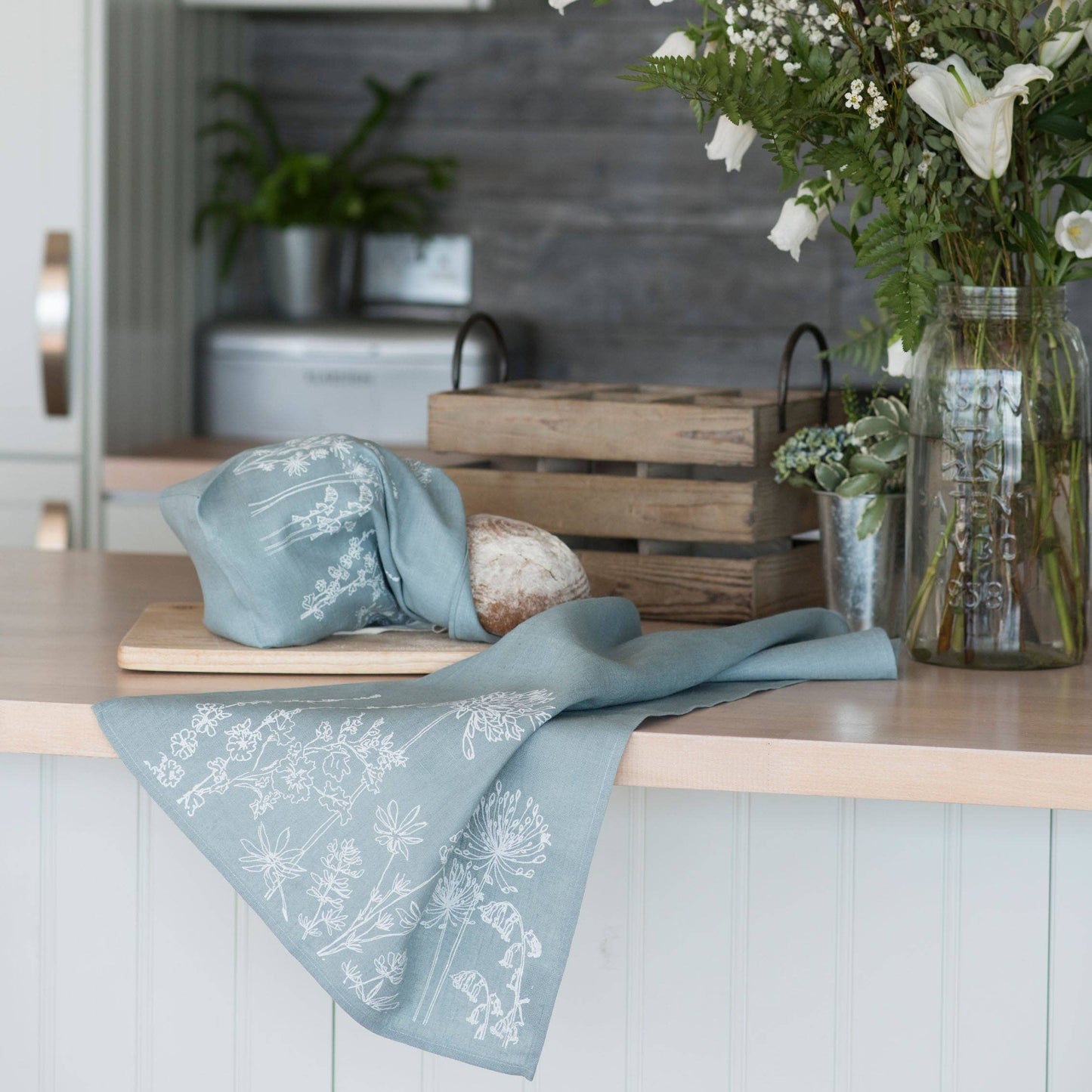 Pure linen garden flowers tea towel