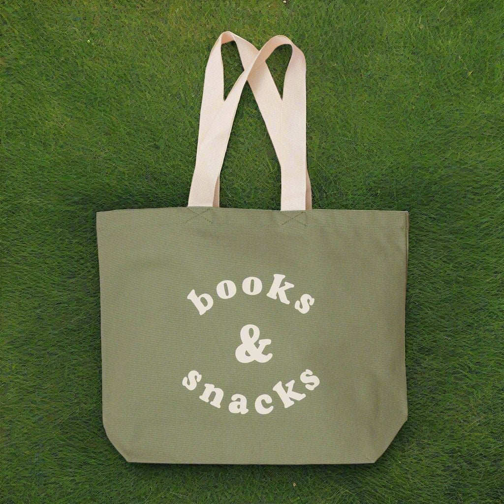 Books & Snacks - olive green canvas tote bag