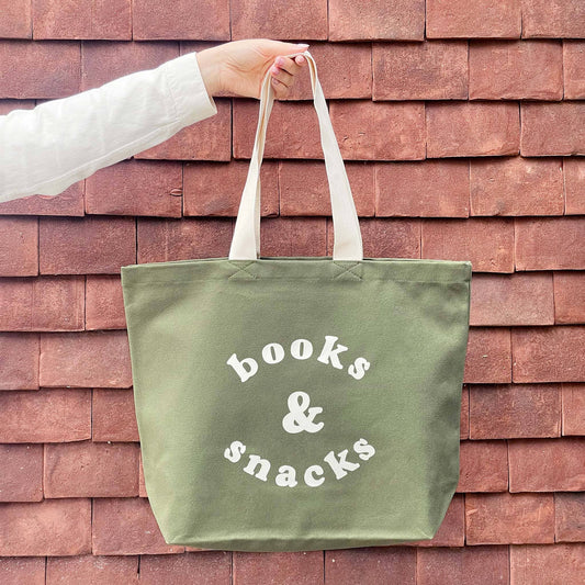 Books & Snacks - olive green canvas tote bag