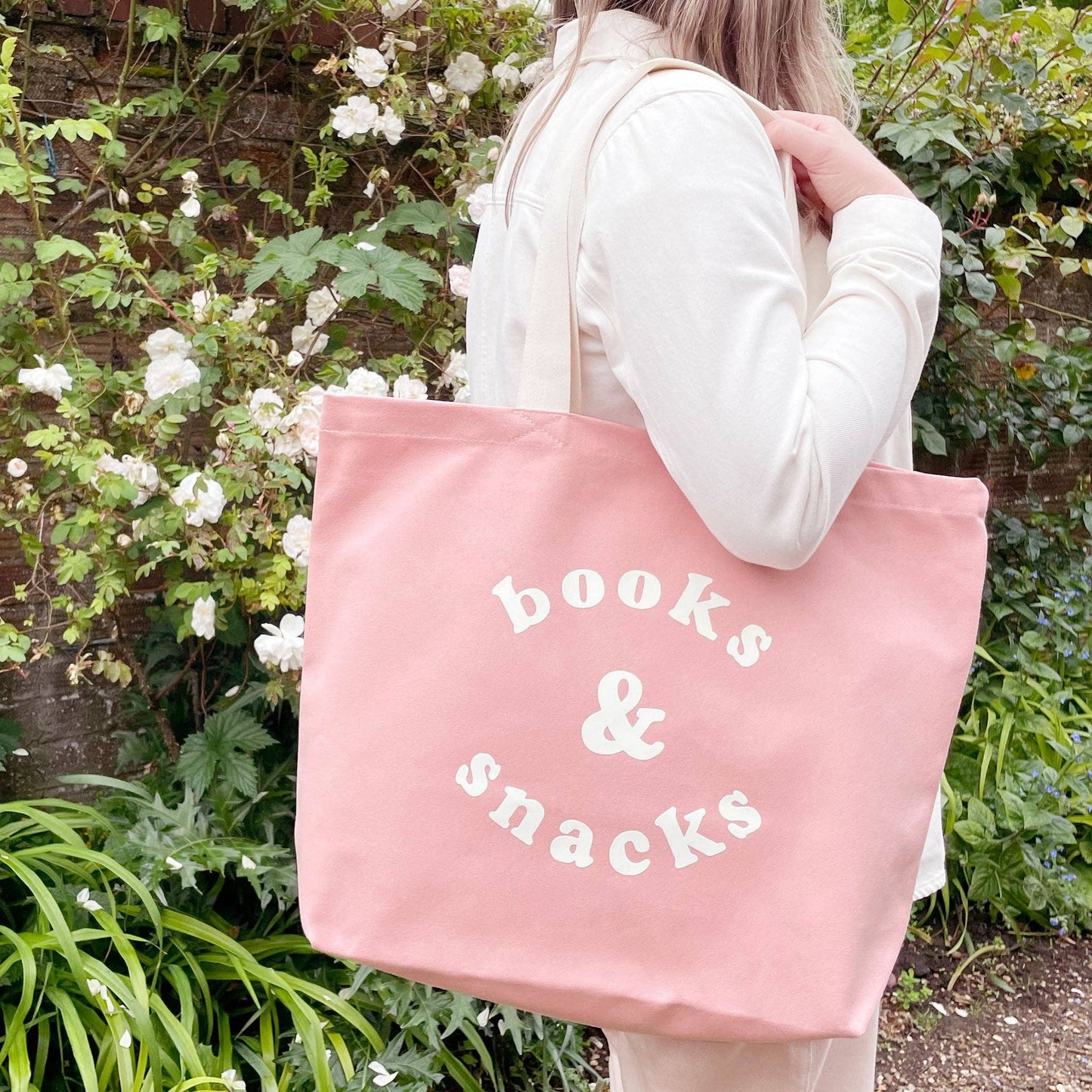 Blush pink books & snacks tote bag