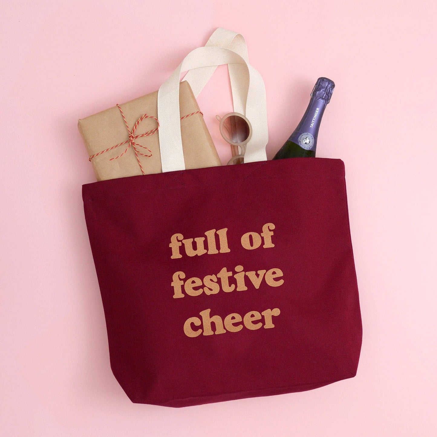 Full of festive cheer burgundy tote bag