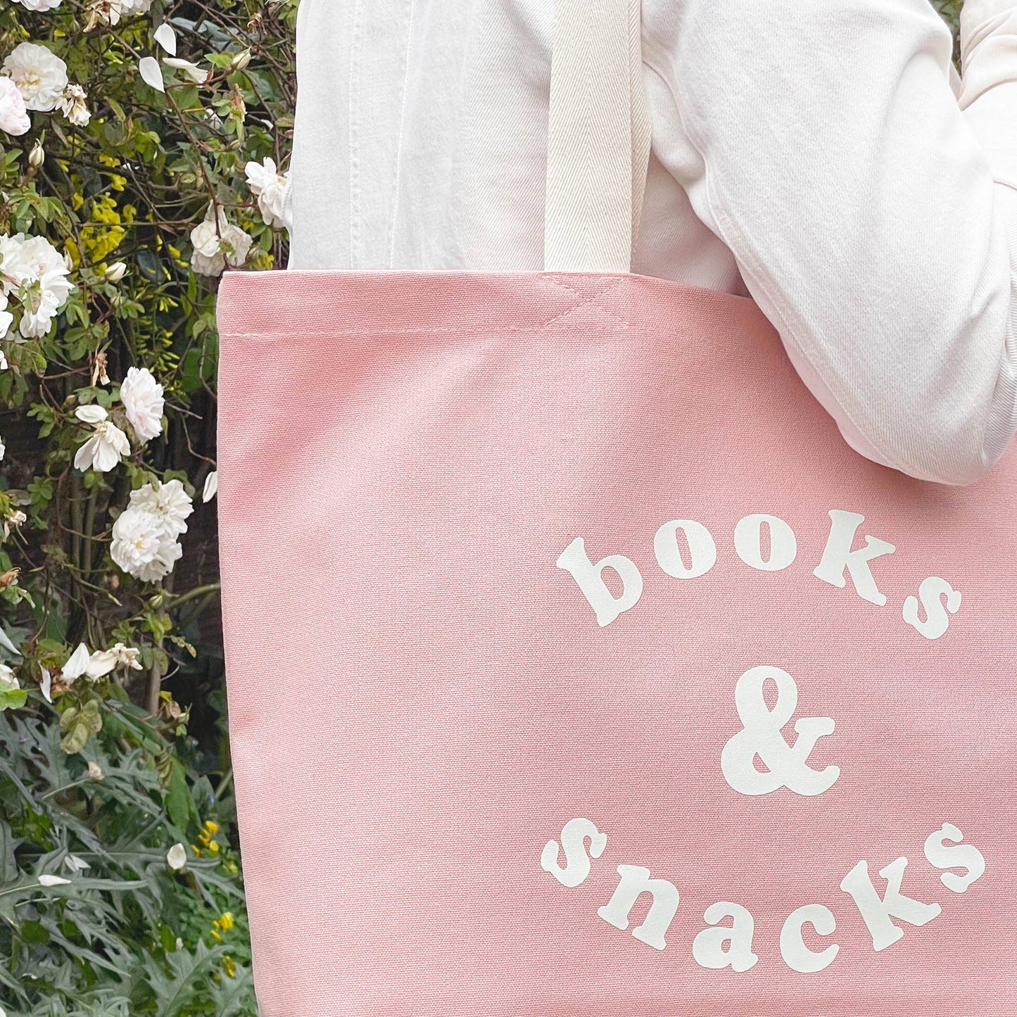 Blush pink books & snacks tote bag