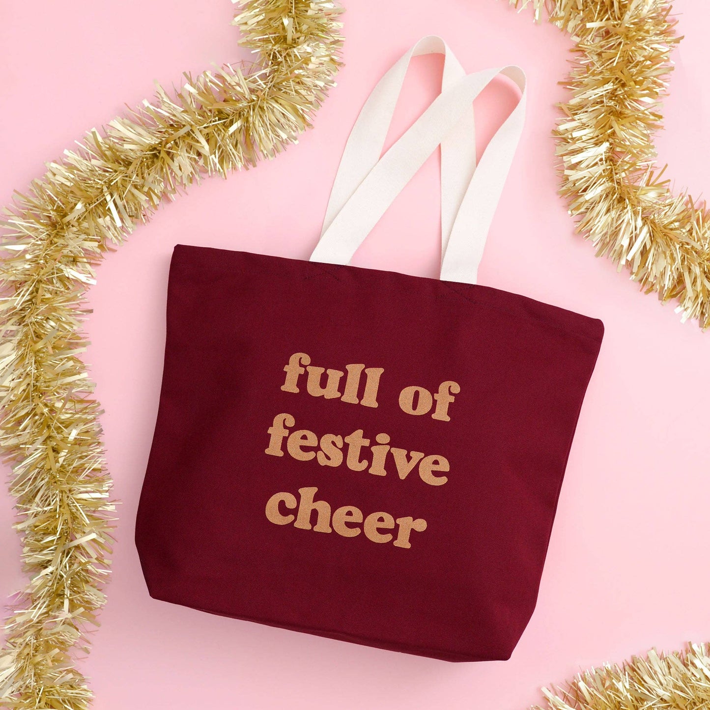 Full of festive cheer burgundy tote bag