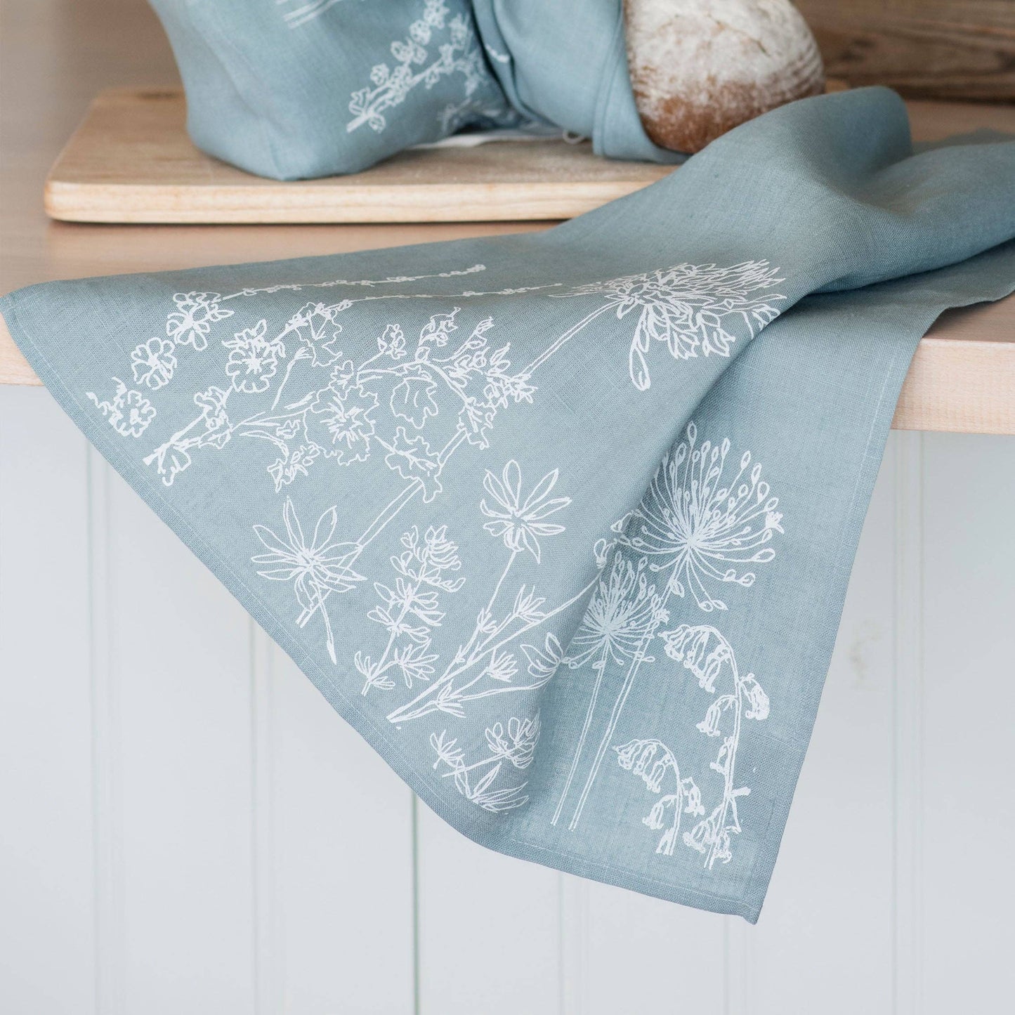 Pure linen garden flowers tea towel