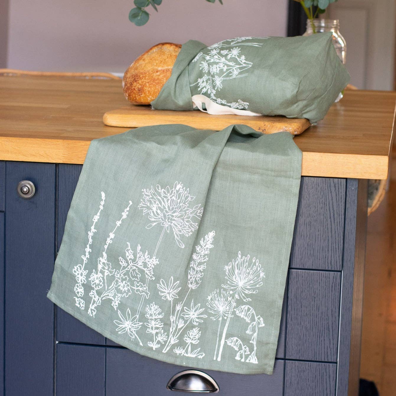 Pure linen garden flowers tea towel