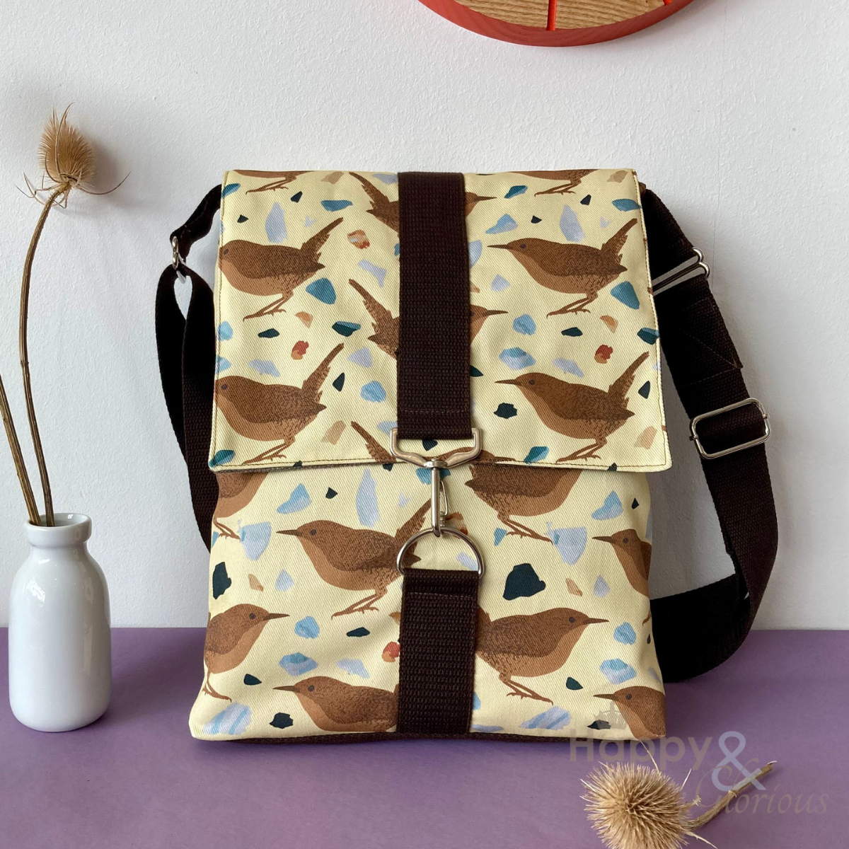 Brown wren print messenger bag