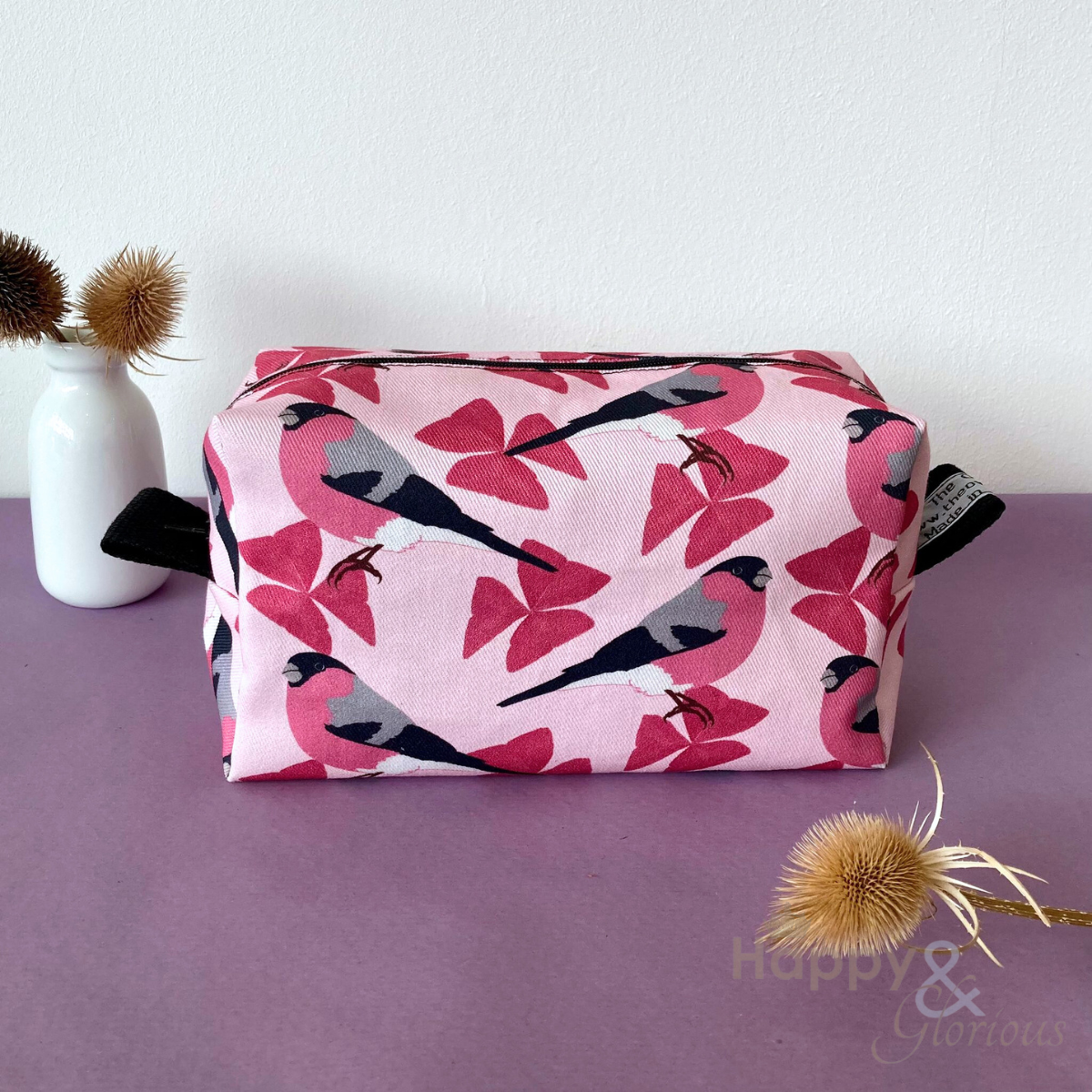 Pink bullfinch print washbag