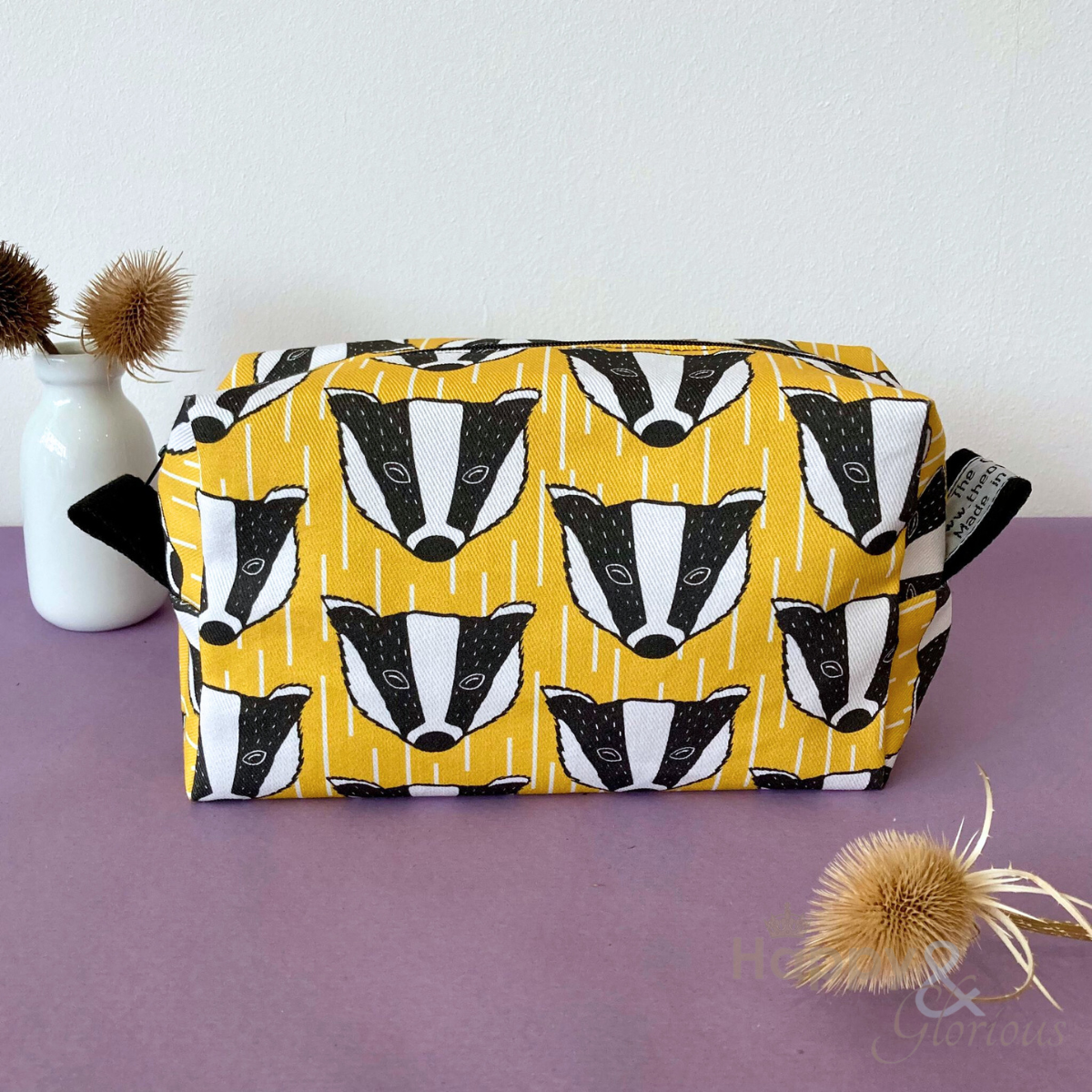 Yellow badger print washbag