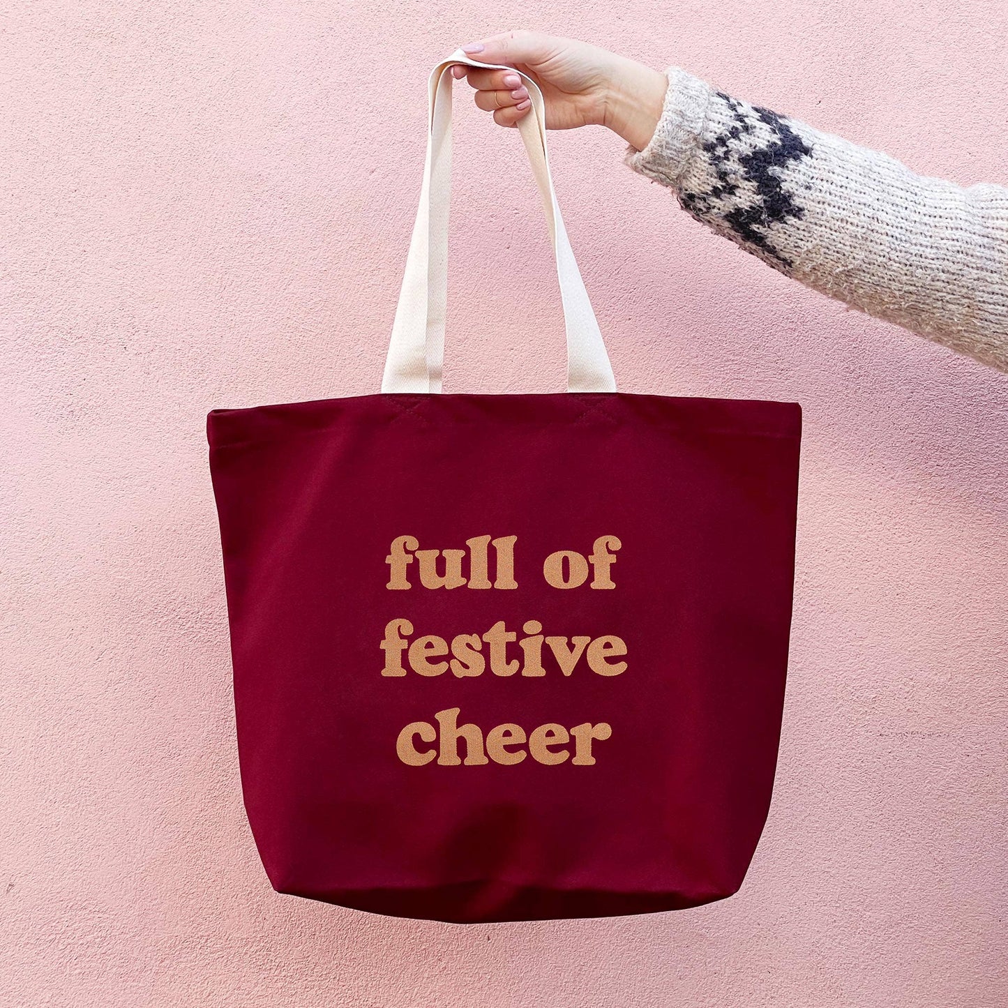 Full of festive cheer burgundy tote bag