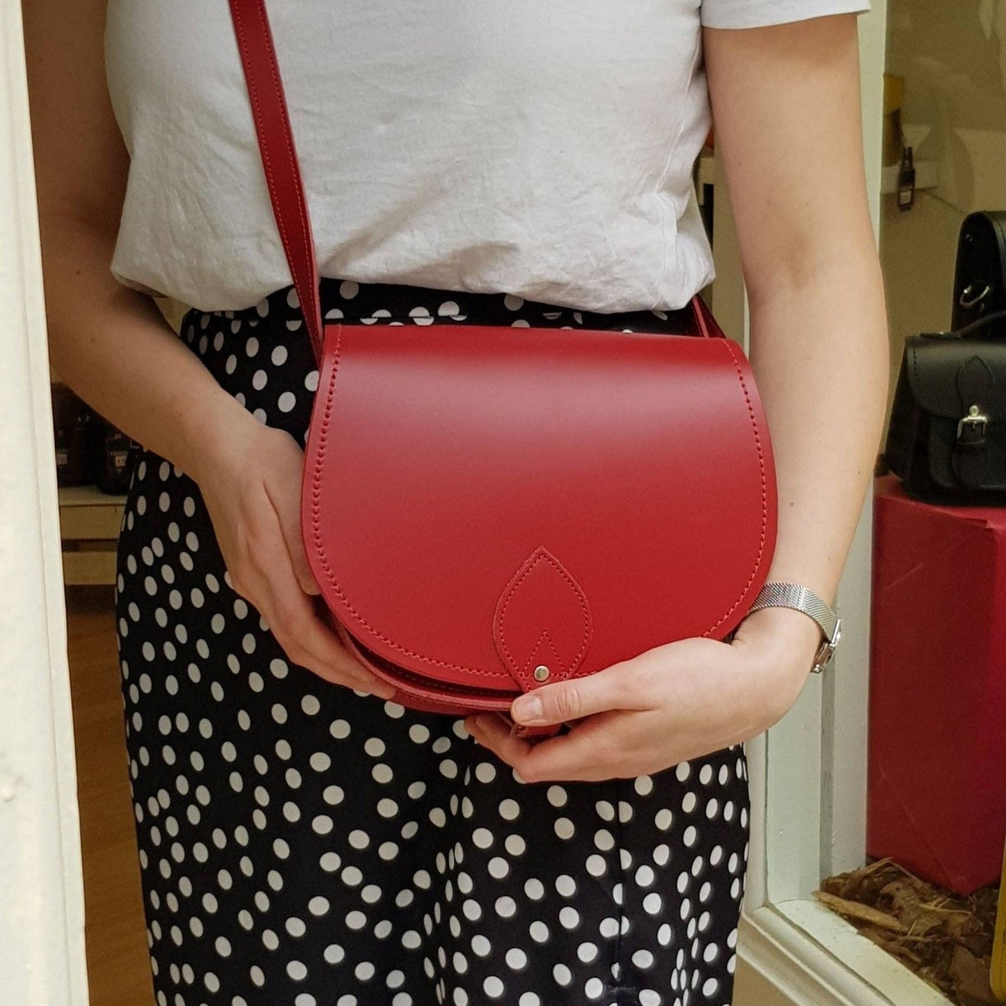 Red handmade leather saddle bag