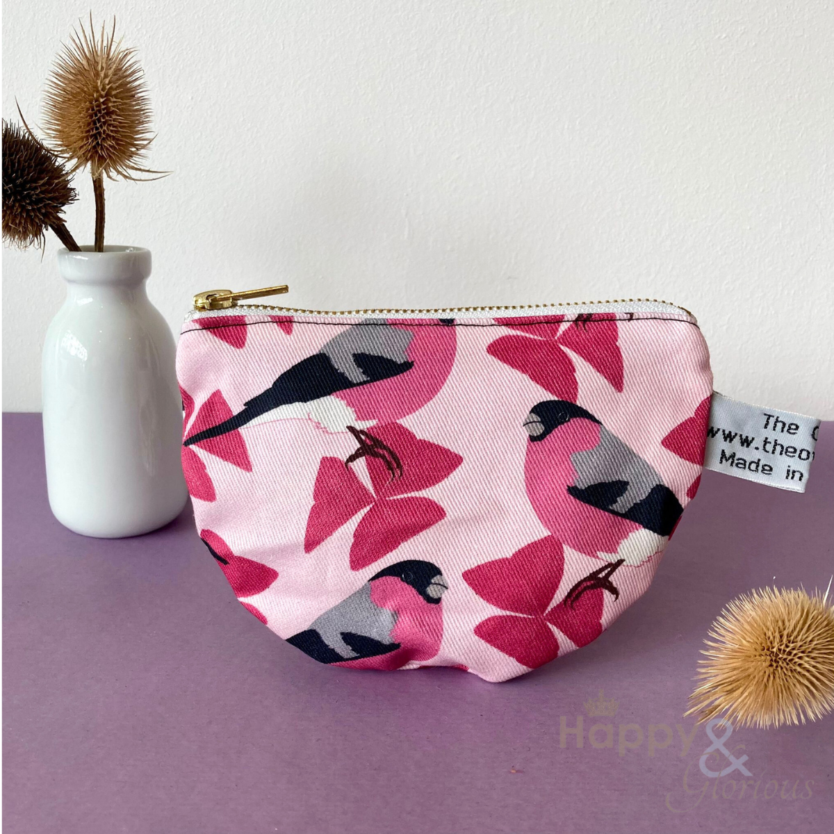 Pink bullfinch print purse