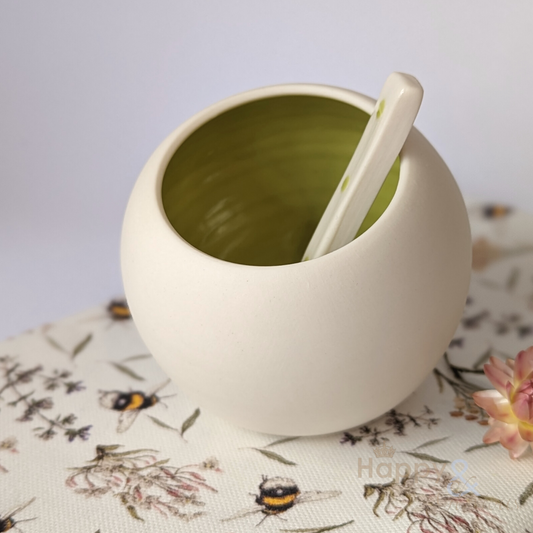 Lime green porcelain salt pig & spoon