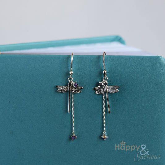 Sterling silver dragonfly drop earrings with amethysts