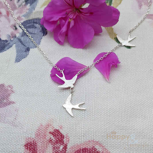 Sterling silver three swallows necklace