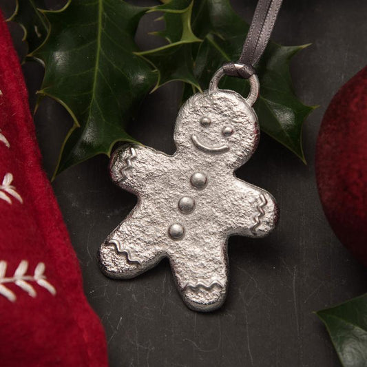 Pewter gingerbread man Christmas tree decoration - handmade by Lancaster & Gibbings