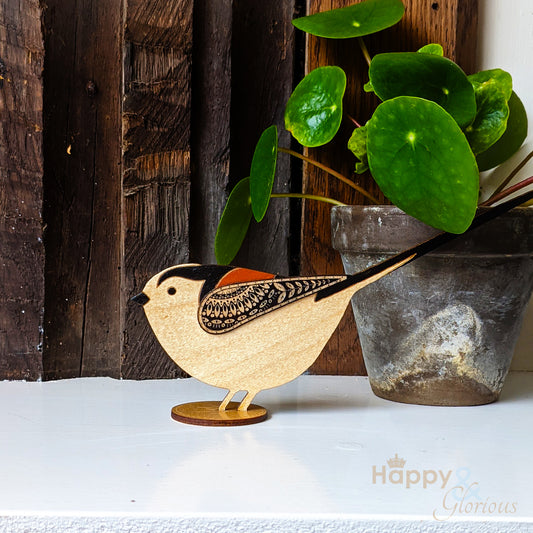 Wooden standing long tailed tit decoration