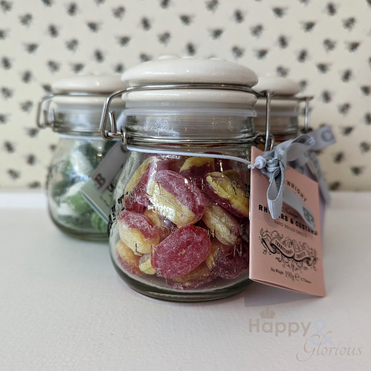 Rhubarb & custard sweets in vintage style jar