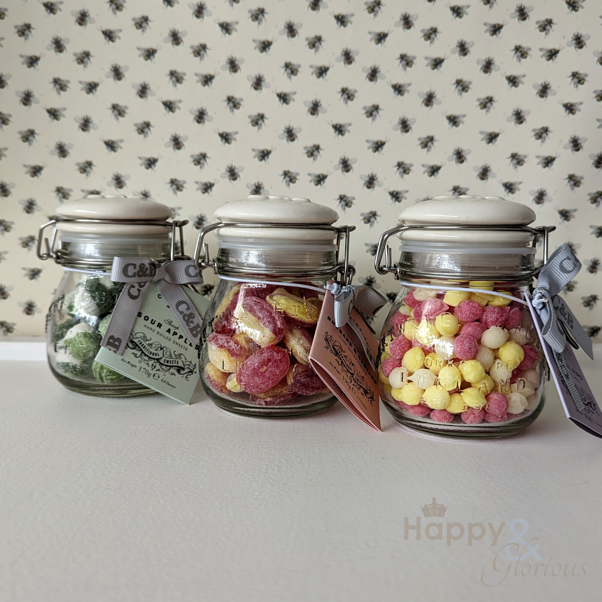 Rhubarb & custard sweets in vintage style jar