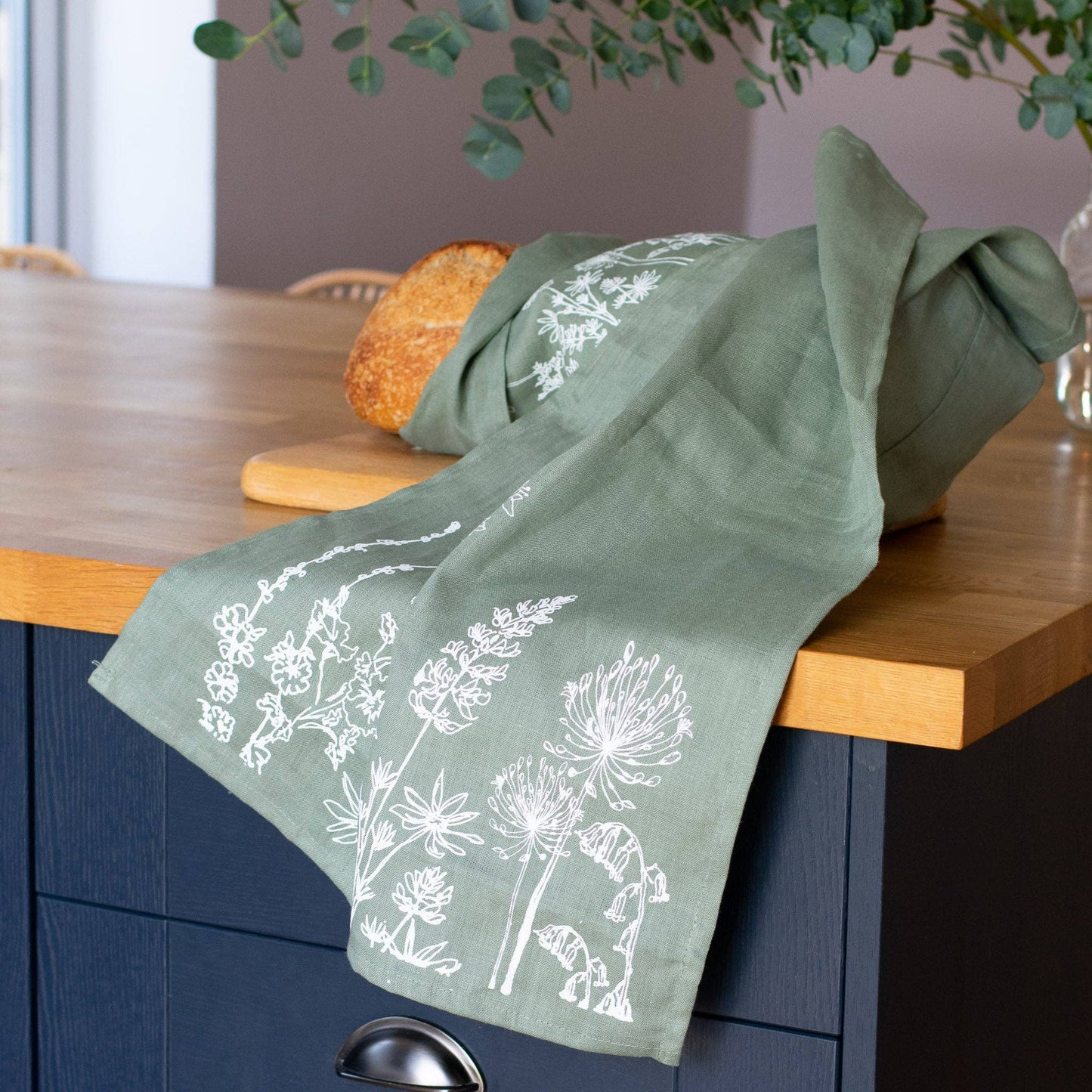 Pure linen garden flowers tea towel